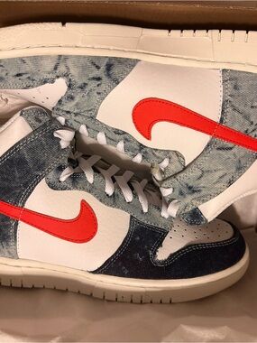 Nike Dunk Low Denim Swoosh Sneakers - White, Denim, Bright Orange